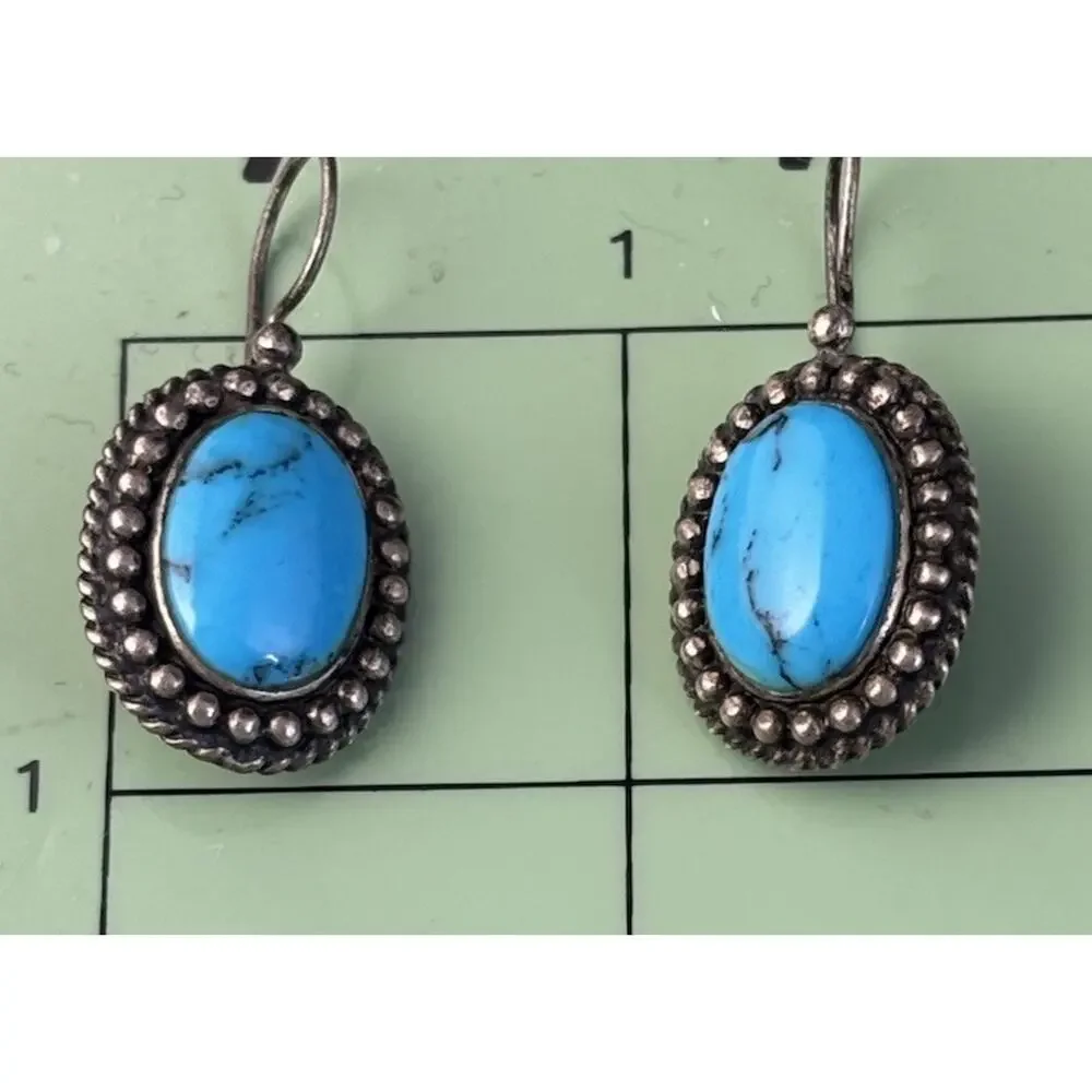 Estate Native American Sterling Silver Earrings Turquoise Dangle Han 925-6.1 Gr